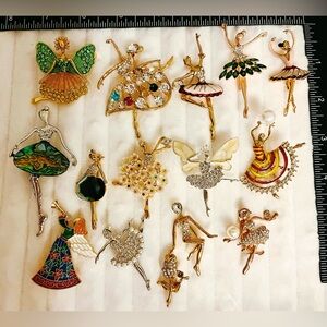Ballerina Fairy Angel Brooch Lot 15pc Rhinestone Abalone Enamel Jewelry